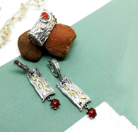 Carnelian burnt orange earrings and ring SET Gold plated Sterling silver 925