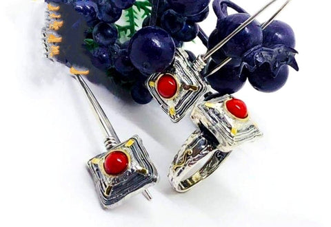 Red coral Earrings long hook and ring Sterling silver 925 with gold plated parts