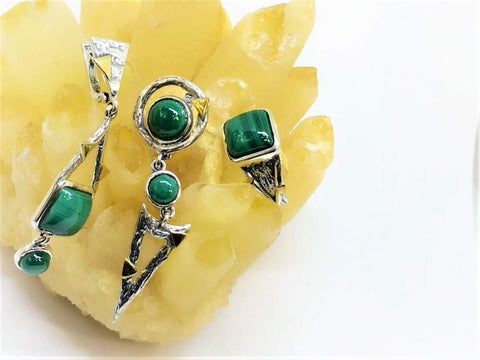 Malachite gemstone dangle earrings and ring SET Silver 925