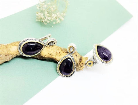 Silver jewelry set Earrings with English lock and ring Amethyst