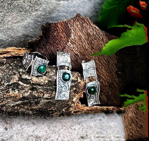 Malachite gemstone SET earrings and ring Sterling Silver gold plated