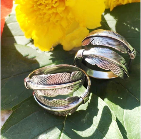 Feather ring SILVER 925 Adjustable rings women men unisex Boho feather jewelry