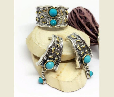 Turquoise gemstones Sterling Silver 925 set earrings and ring