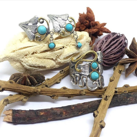Blue turquoise gemstone earrings and ring SET Silver 925 with gold plated