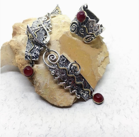 Carnelian gemstone burnt orange earrings and ring SET silver 925