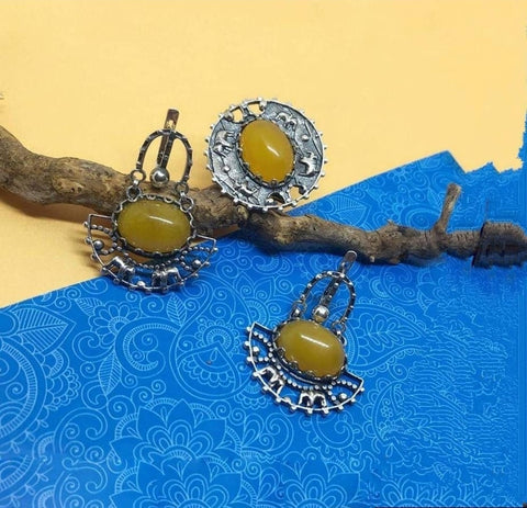 Yellow jadeite gemstone jewelry Earrings and ring Sterling silver 925