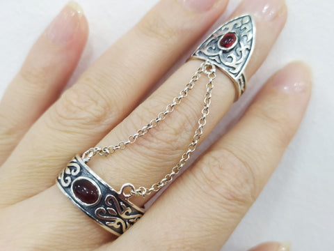 Armenian jewelry Double ring with chain Silver 925 red quartz stone