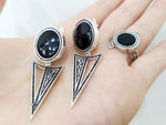 Dangle silver earrings with flat black onyx gemstone