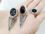 Dangle silver earrings with flat black onyx gemstone