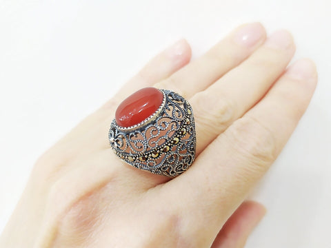 Carnelian  Dome Ring Marcasite Filigree Sterling silver 925