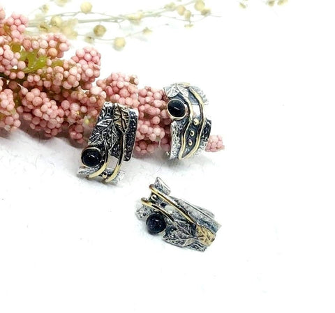 Silver 925 jewelry Small earring and ring with onyx black stone Gold plated