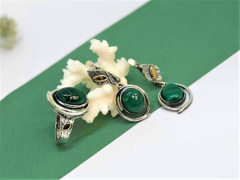 Malachite earrings and ring SET Silver 925 gilded