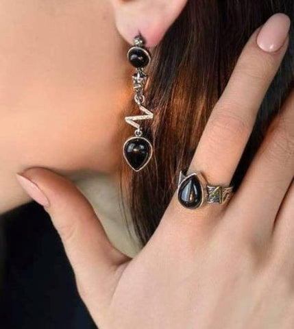 Earrings long and ring Black onyx gemstone jewelry set Sterling silver 925