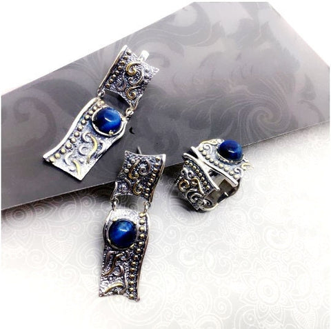 Tiger eye blue gemstone SET earrings and ring Sterling Silver gold plated