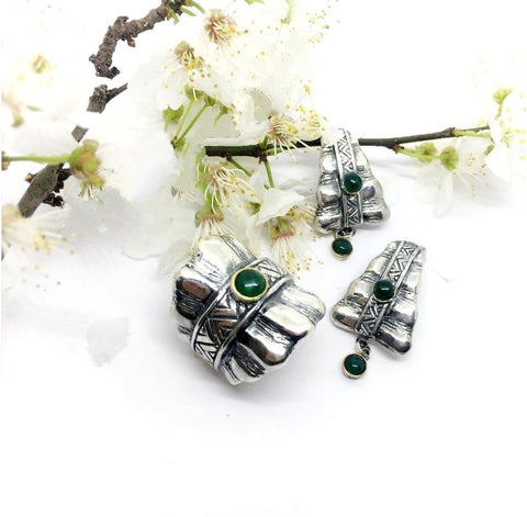 Earrings and ring Malachite gemstones Sterling Silver 925