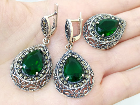 Silver jewelry set earrings and ring Green topaz Luxury handmade