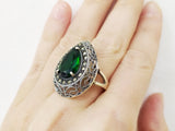 Green lab topaz ring Sterling silver 925 Marcasite handmade jewelry