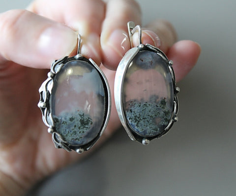 Earrings oval Silver 925 Transparent green Agate One in a kind