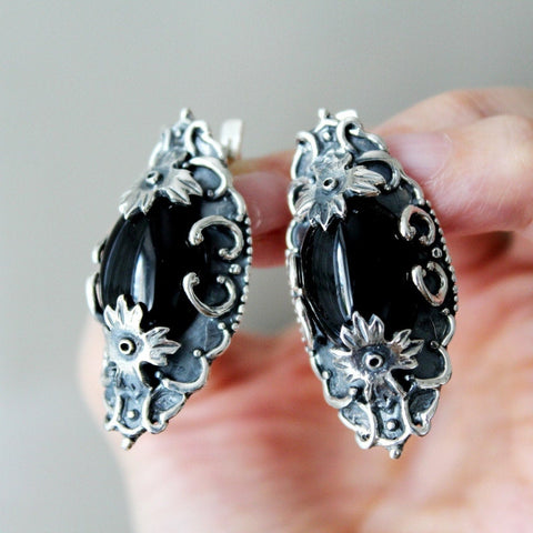 Very big earrings 925 Silver Black Onyx stone