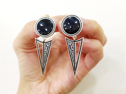 Dangle silver earrings with flat black onyx gemstone