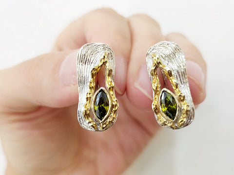 Earrings small Gold and silver 925 greenish yellow  zircon jewelry