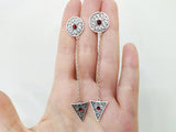 Very long earrings on chain Sterling silver 925 red lab stone Floral