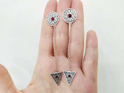 Very long earrings on chain Sterling silver 925 red lab stone Floral