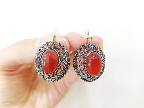 Carnelian Earrings Marcasite Sterling silver 925
