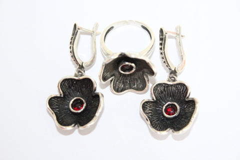 Sterling silver 925 Jewelry set earrings and ring Flower red garnet