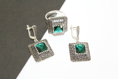 Set Emerald green zircon Earrings ring Sterling silver 925