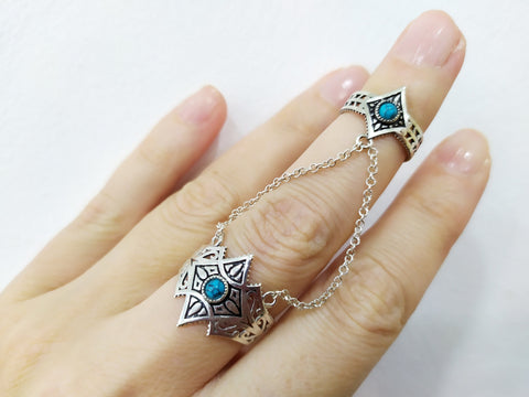 Armenian double ring Sterling silver 925 Natural turquoise Adjustable rings for women