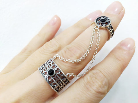 Black onyx gem Double ring sterling silver 925