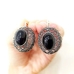Black onyx Earrings and Ring SET Marcasite Filigree Sterling silver 925