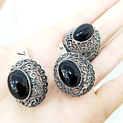 Black onyx Earrings and Ring SET Marcasite Filigree Sterling silver 925