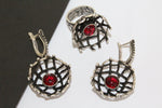 Earrings and ring set Sterling silver 925 Black net Red garnet stone