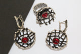 Earrings and ring set Sterling silver 925 Black net Red garnet stone