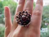 Earrings and ring set Sterling silver 925 Black net Red garnet stone