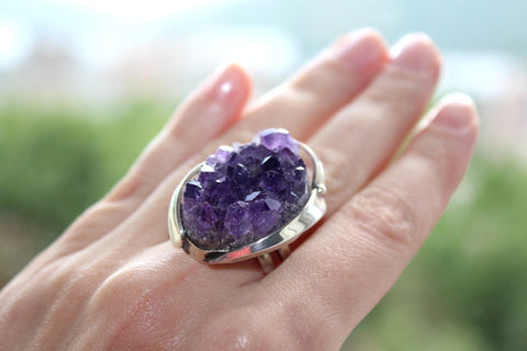 Sterling silver 925 Ring adjustable Natural amethyst geode Armenian handcrafted jewelry