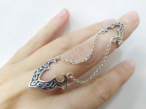 Double ring with chains Silver 925 full finger ring shield Adjustable
