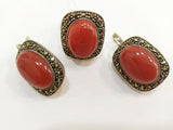 Carnelian brown Earrings and Ring Marcasite Sterling silver 925