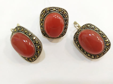 Carnelian brown Earrings and Ring Marcasite Sterling silver 925
