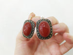Earrings Carnelian brown cabochon Marcasite Sterling silver 925