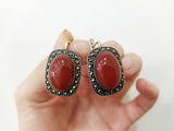 Earrings Carnelian brown cabochon Marcasite Sterling silver 925