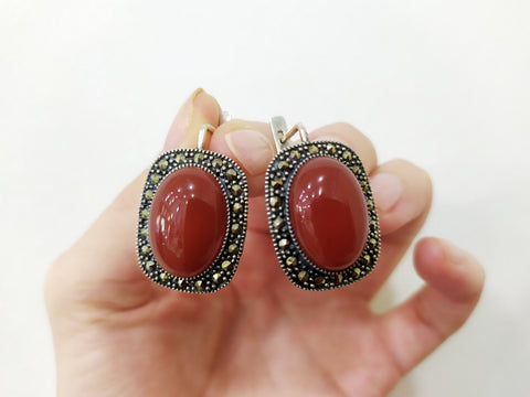 Earrings Carnelian brown cabochon Marcasite Sterling silver 925