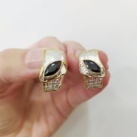 Earrings Gold and silver 925 Black zircon Eyes gemstone