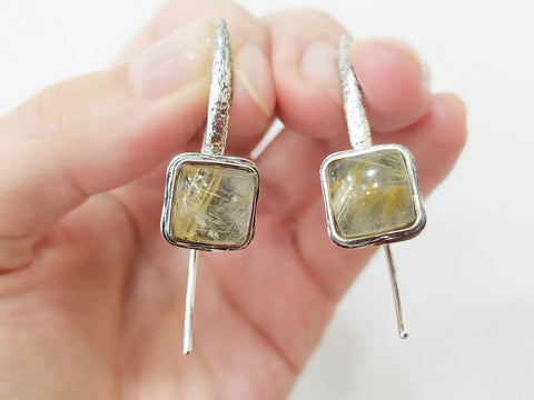 Silver 925 Long earrings Rutilated quartz Venus hair yellow Gold coated