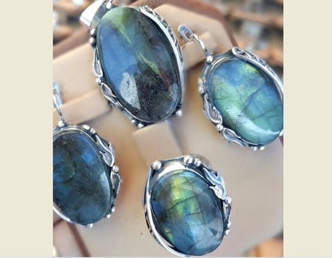 Labradorite set Silver 925 Earrings Ring adjustable and Large pendant Floral