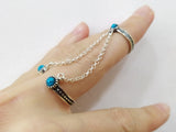 Double ring silver 925 natural blue turquoise full finger with two chains