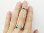 Double ring silver 925 natural blue turquoise full finger with two chains