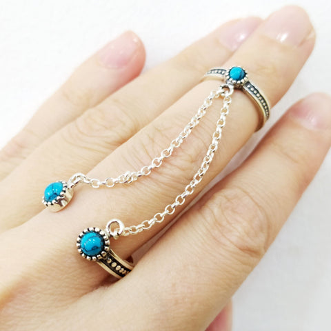 Double ring silver 925 natural blue turquoise full finger with two chains